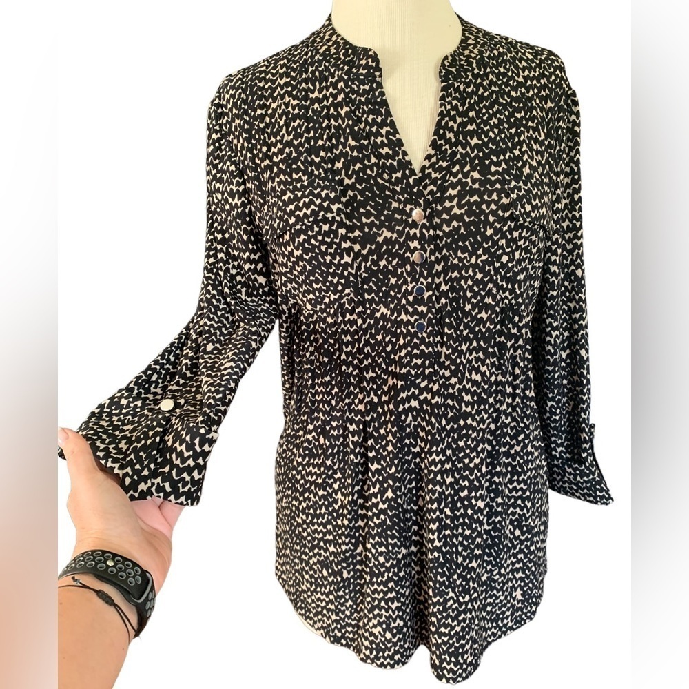 COCOMO Large Black Beige 3/4 sleeve women’s Pintuck Blouse top shirt tun…